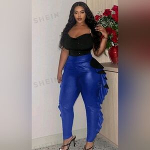 Blue Vegan Leather leggings w/ruffles